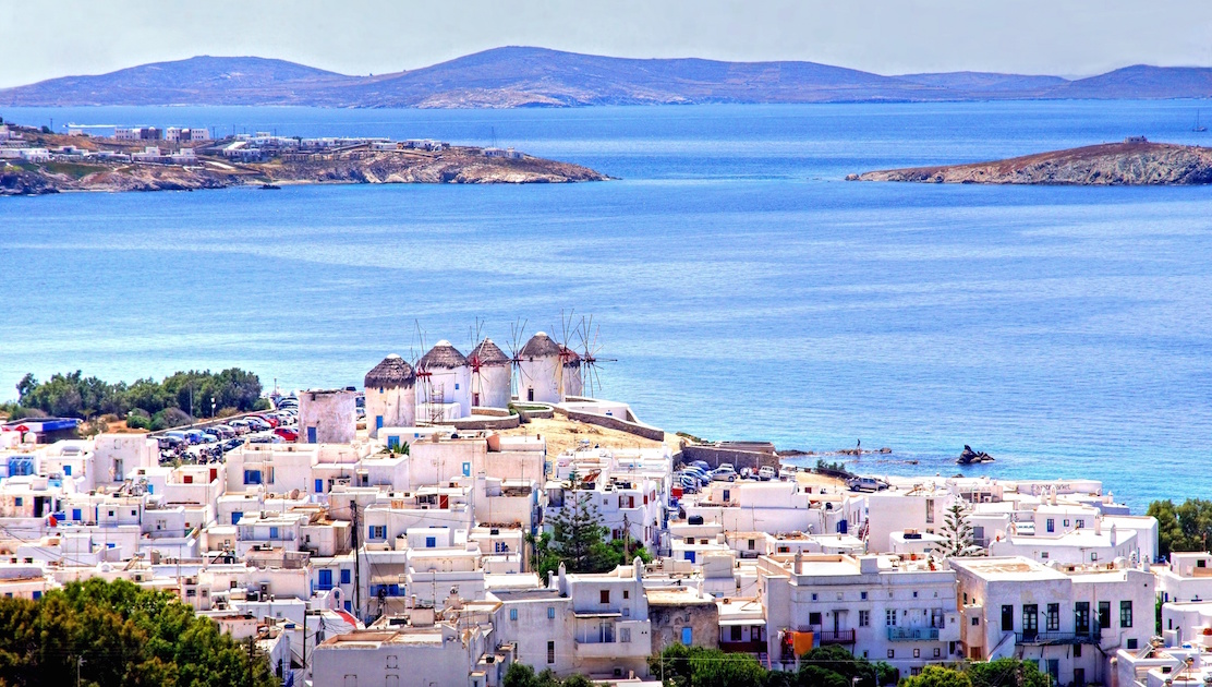 View of the coast and city in Mykonos 