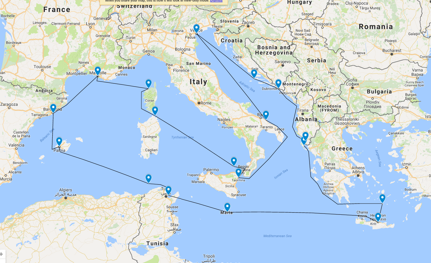 A suggested route for a sailing journey in Europe 