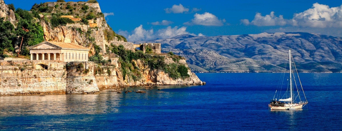 Greek ruins overlooking the sea in Corfu 