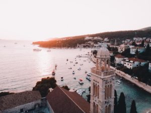 Aerial view of sailboats in the port of Hvar, Croatia