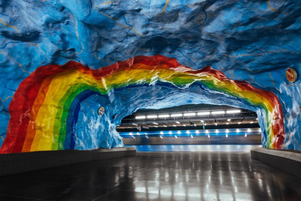 A colorful subway station in Stockholm.