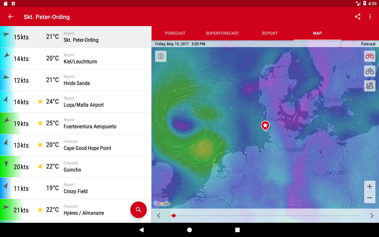 Sailing app Windfinder Pro interface view.