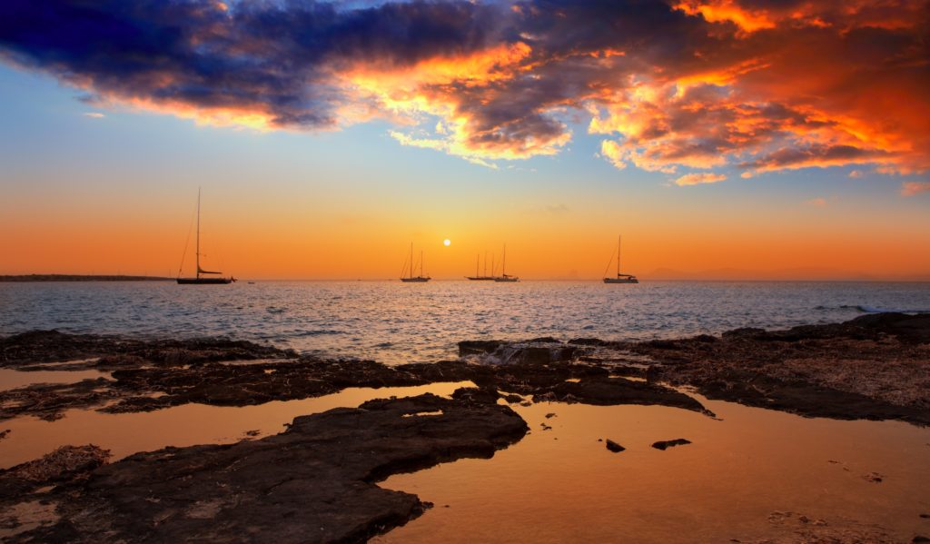 View of a sunset in the bay of Ibiza
