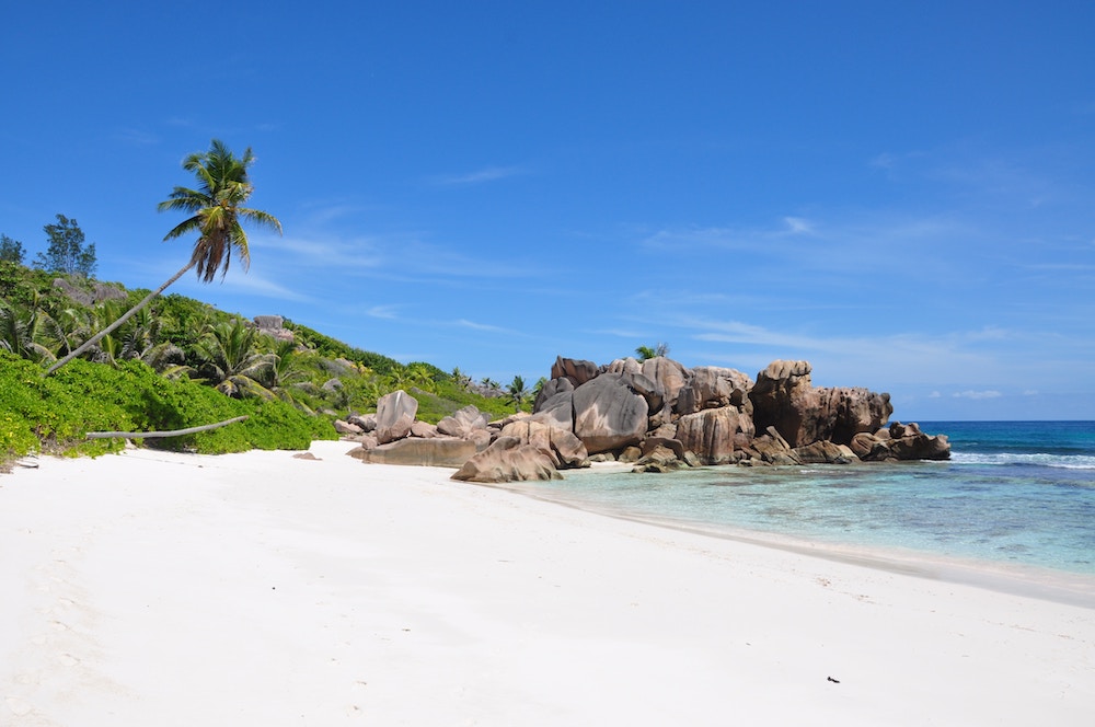 View of the beautiful beach in Coco Bay in La Digue, Seychelles