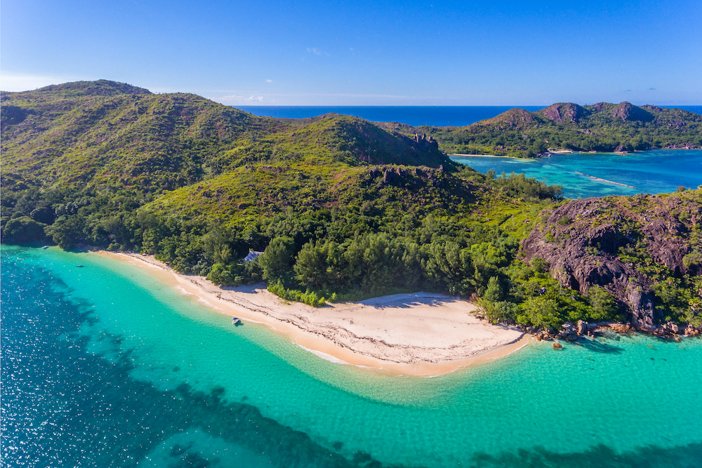An aerial view of Curieuse Island in the Seychelles
