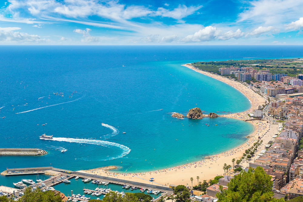 Aerial view of the coast and beach in the Port of Blanes 