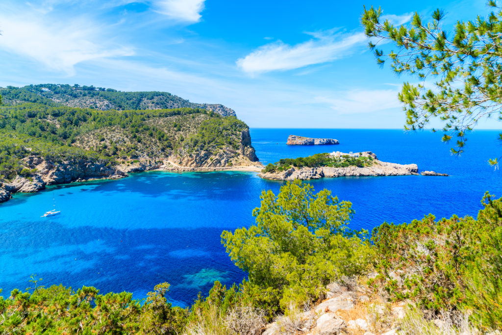 An aerial view of Cala Xarraca bay and Cala Benirras bay in Ibiza, Spain