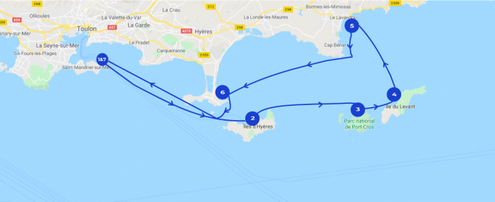 Map of a 7 days long itinerary of the Hyères sailing route