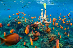 Girl snorkeling underwater among colourful fishes