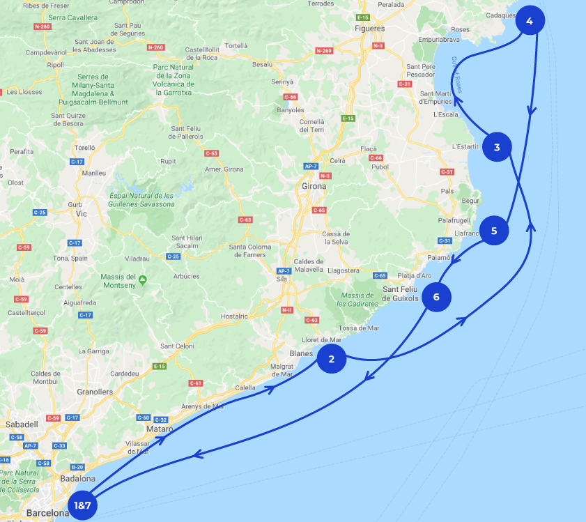 Map of the 7 days sailing itinerary in the Costa Brava