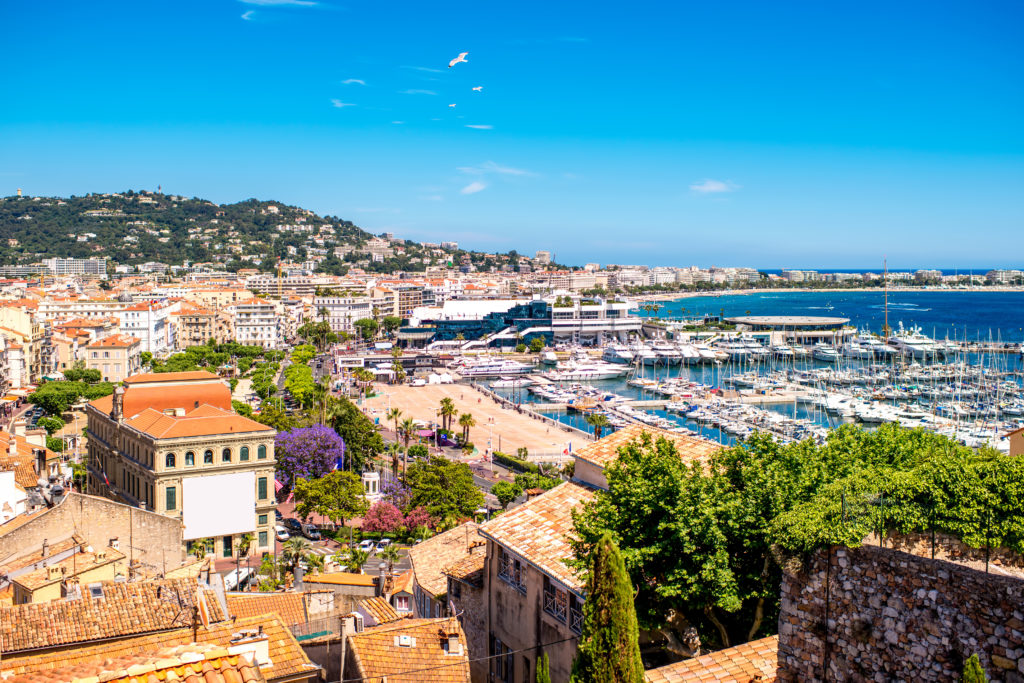 Aerial view of the port of Cannes and the surrounding old town
