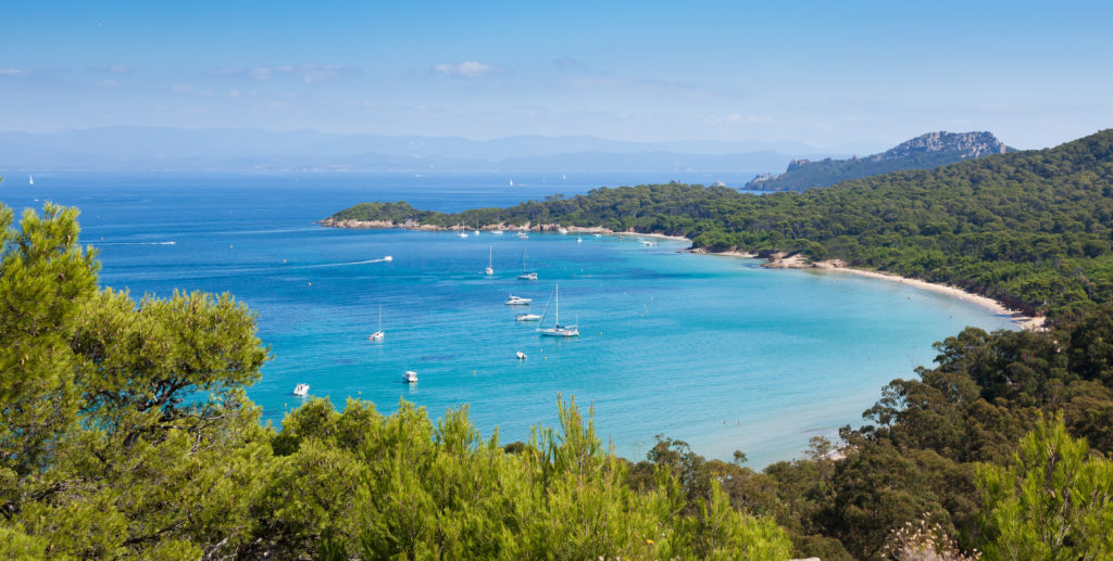 Aerial view of a bay in Porquerolles with the surrounding trees and some boats 
