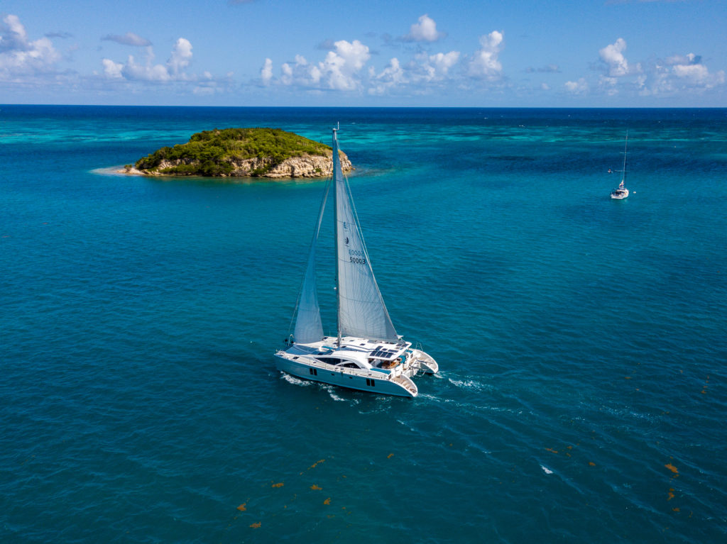 View of a catamaran in the middle of the sea