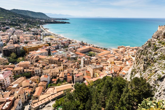 Aerial view of Cefalù showing the city center and the seaside 