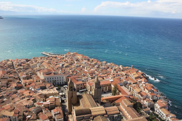 Aerial view of the city of Cefalù along the sea in Sicily 