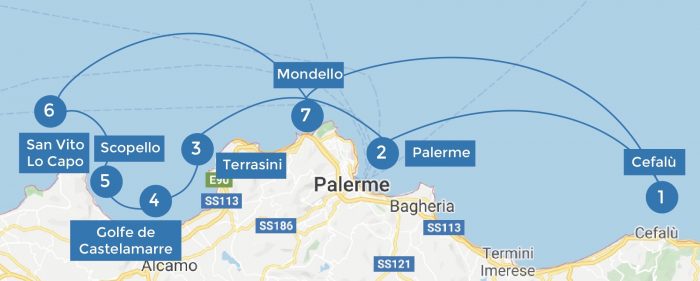 map of the itinerary in Sicily 