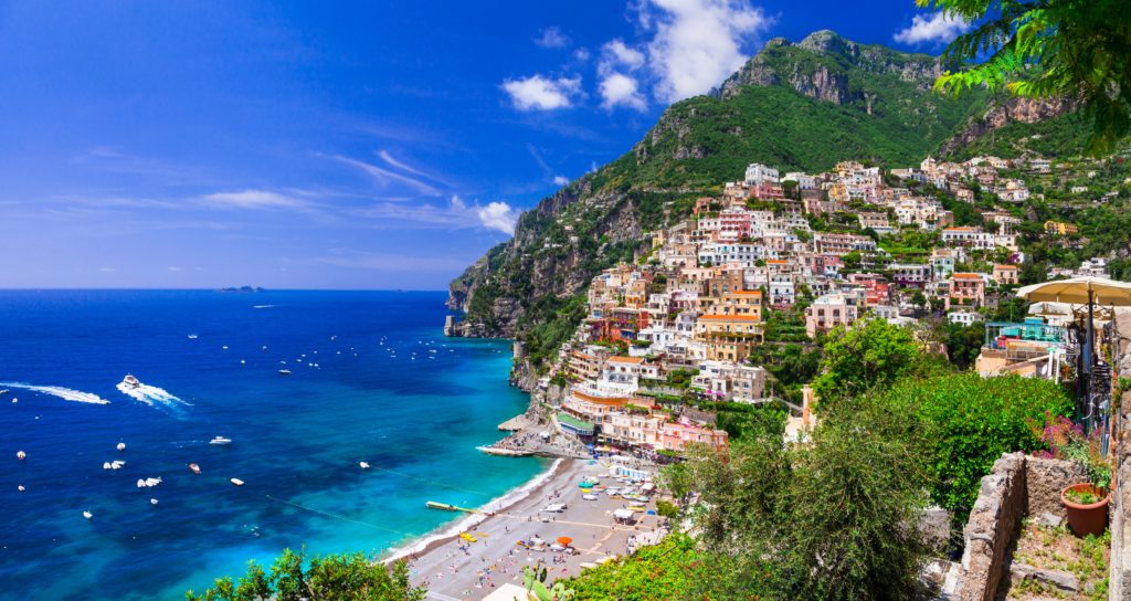 Aerial view of the coastline of Positano in Italy 