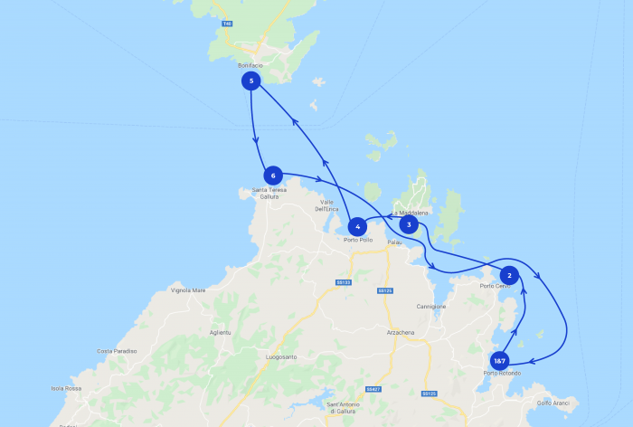 Map of the one week itinerary in Sardinia