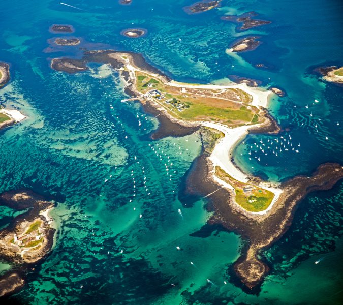 Aerial view of the small islands in the Glénan Archipelago
