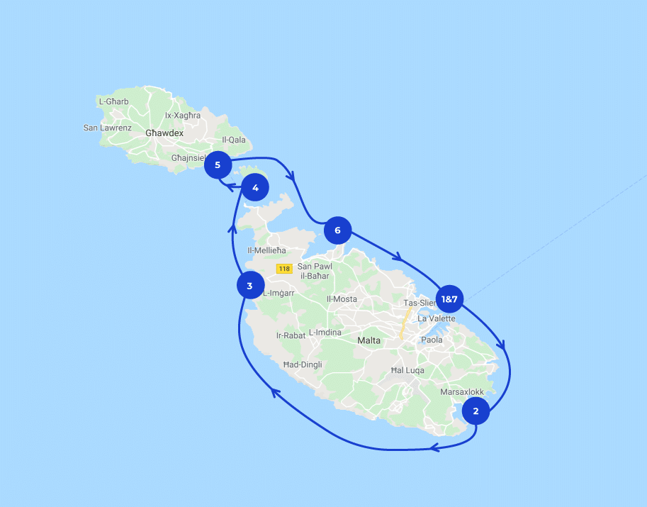 Map of the 7 days itinerary in Malta