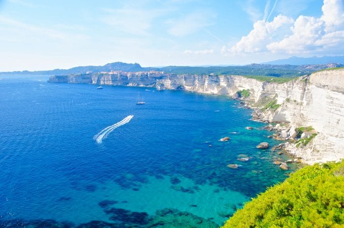 Aerial view of a coastline in Bonifacio showing a sharp stunning cliff