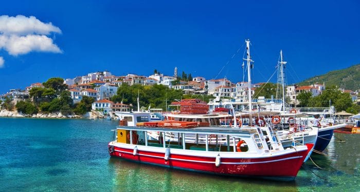 View of a boat in the port of Skopelos