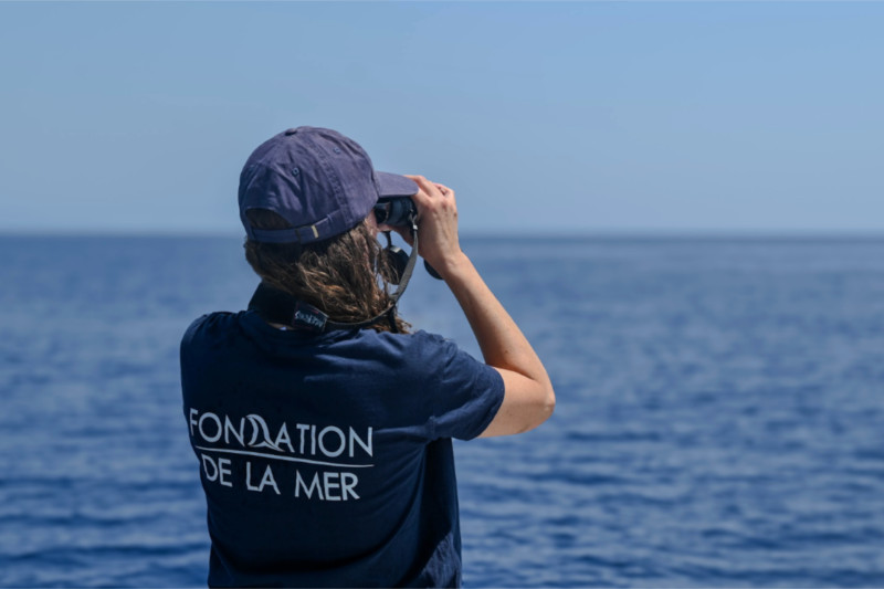 Fondation de la Mer team member observing the ocean during a field mission